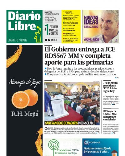Portada Periódico Diario Libre, Martes 17 de Septiembre, 2019