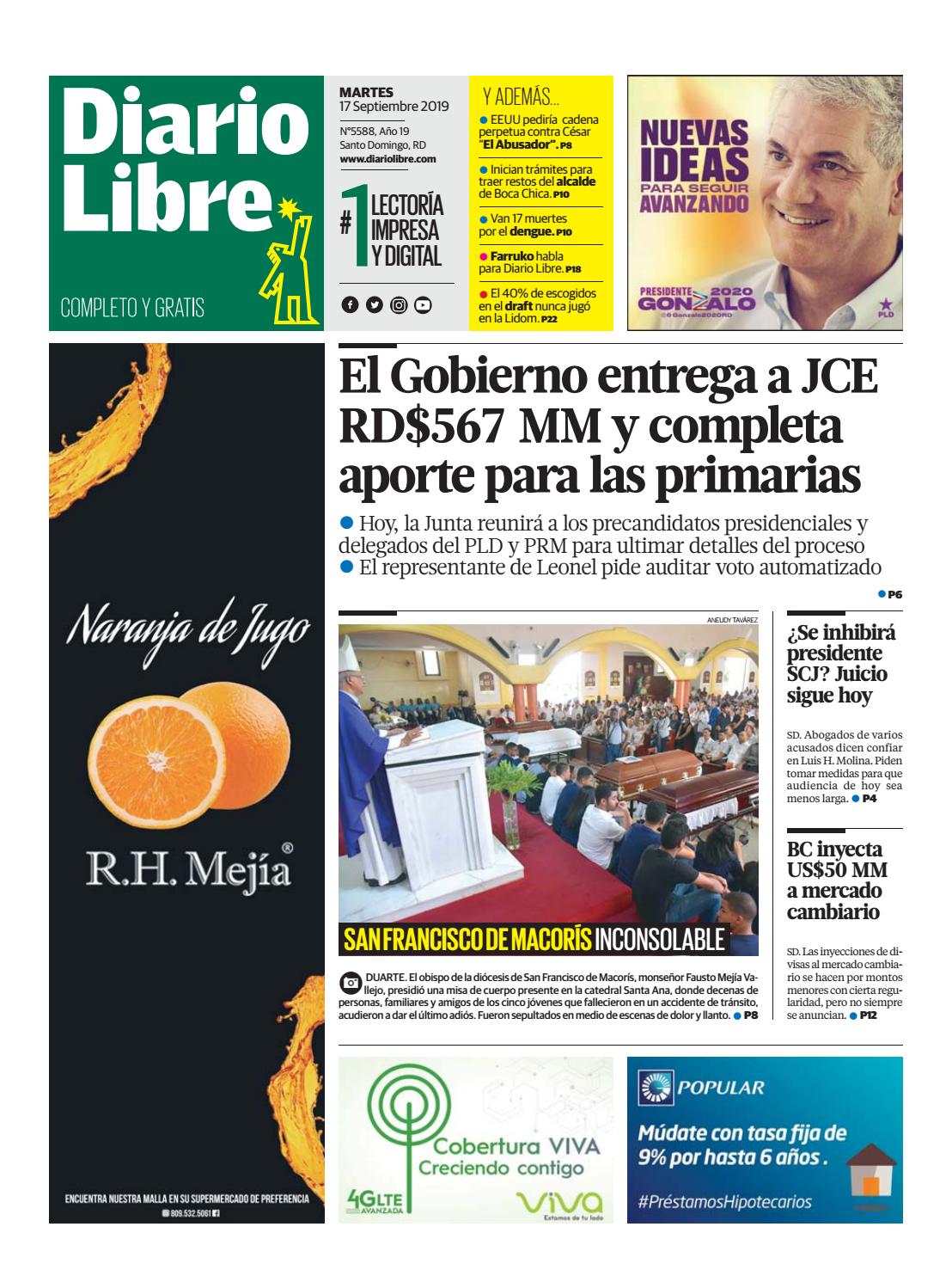 Portada Periódico Diario Libre, Martes 17 de Septiembre, 2019