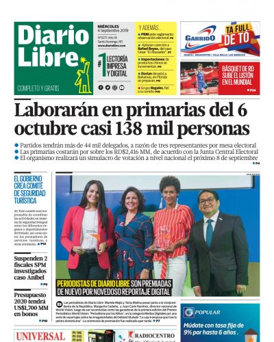 Portada Periódico Diario Libre, Miércoles 04 de Septiembre, 2019