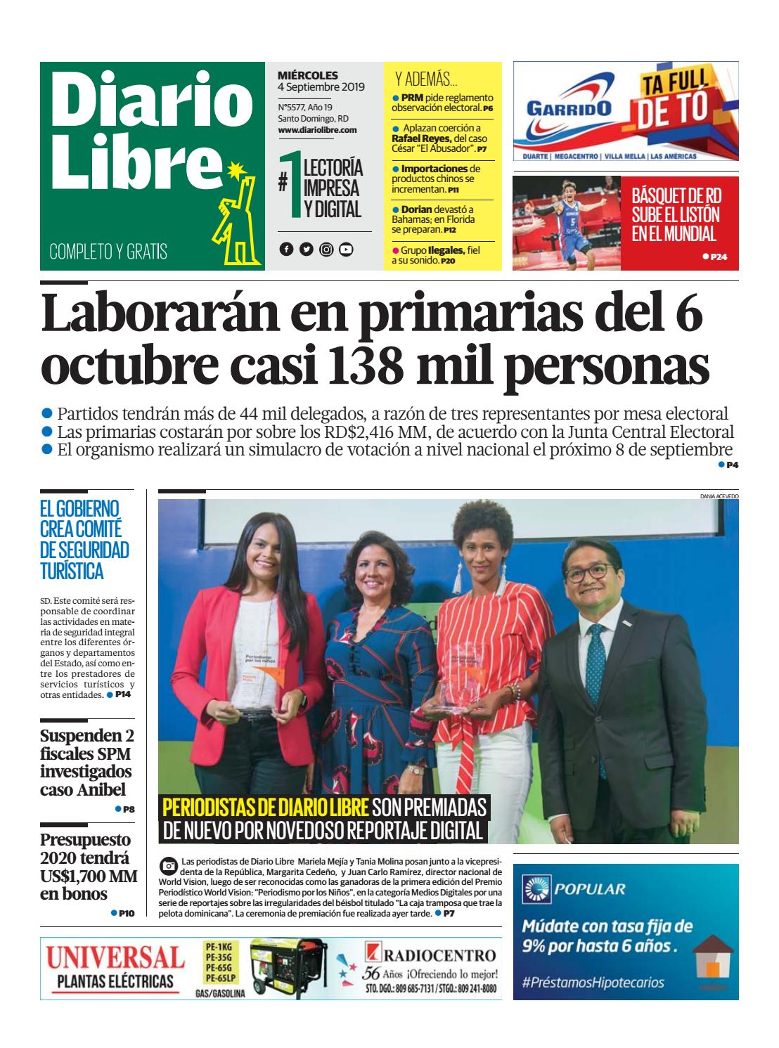 Portada Periódico Diario Libre, Miércoles 04 de Septiembre, 2019