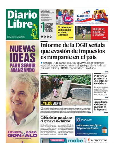 Portada Periódico Diario Libre, Miércoles 11 de Septiembre, 2019