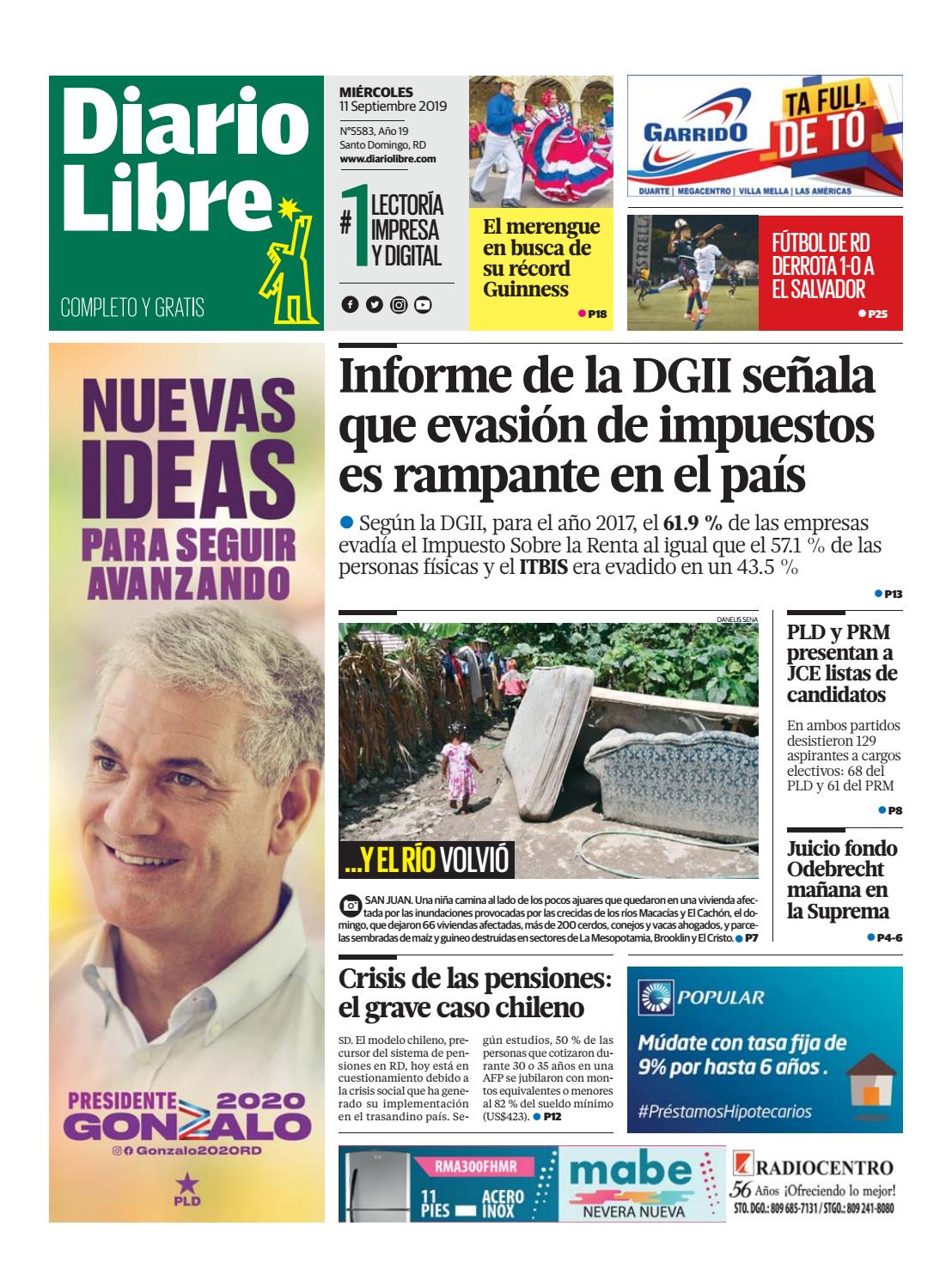 Portada Periódico Diario Libre, Miércoles 11 de Septiembre, 2019