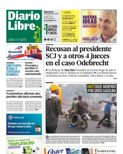 Portada Periódico Diario Libre, Miércoles 18 de Septiembre, 2019