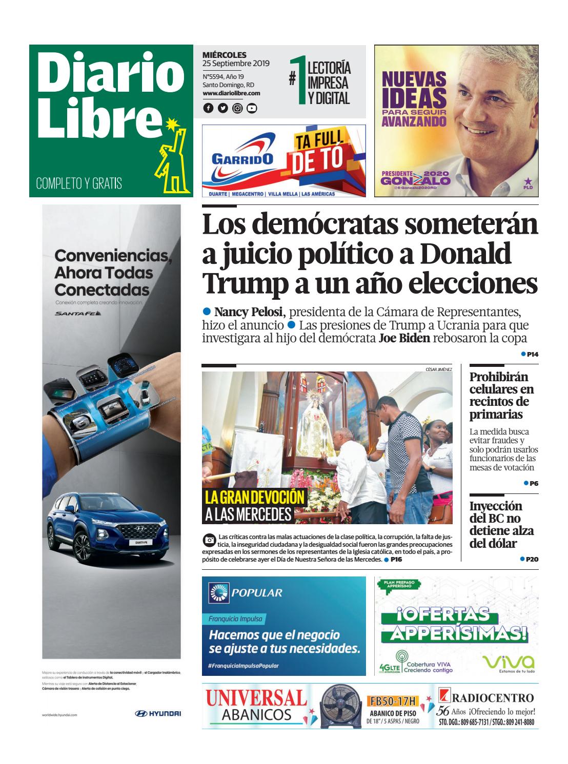 Portada Periódico Diario Libre, Miércoles 25 de Septiembre, 2019