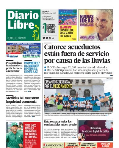Portada Periódico Diario Libre, Sábado 21 de Septiembre, 2019