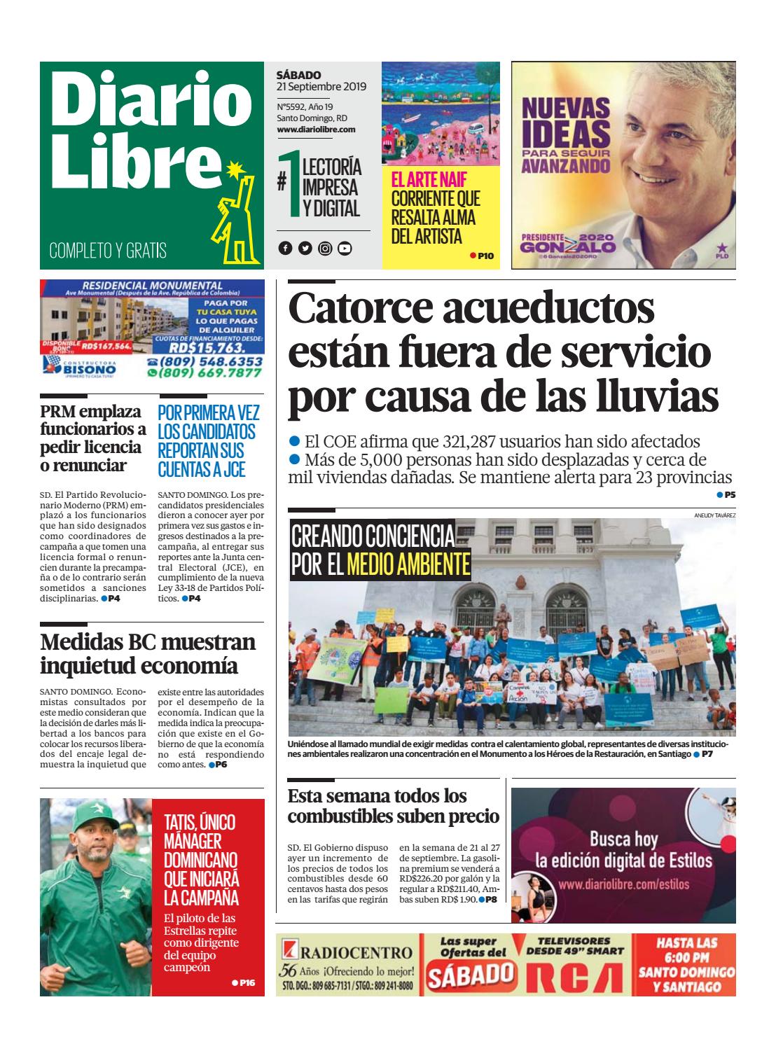 Portada Periódico Diario Libre, Sábado 21 de Septiembre, 2019