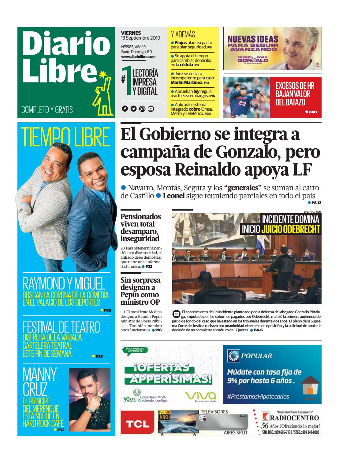 Portada Periódico Diario Libre, Viernes 13 de Septiembre, 2019