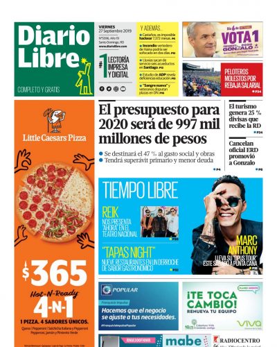 Portada Periódico Diario Libre, Viernes 27 de Septiembre, 2019