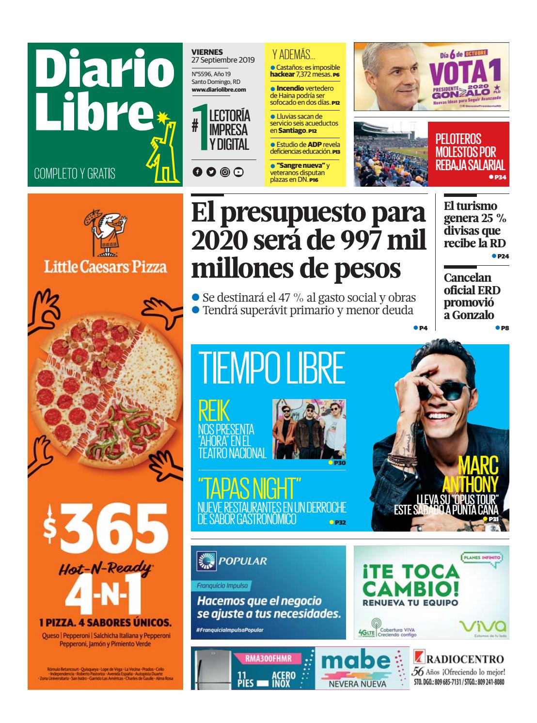 Portada Periódico Diario Libre, Viernes 27 de Septiembre, 2019