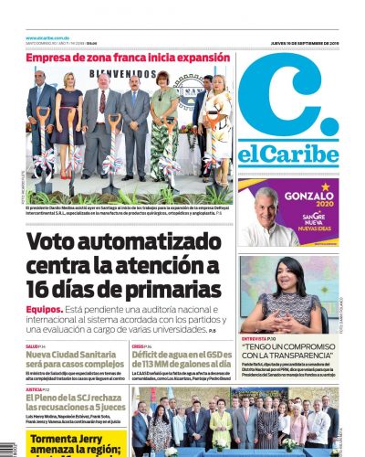 Portada Periódico El Caribe, Jueves 19 de Septiembre, 2019