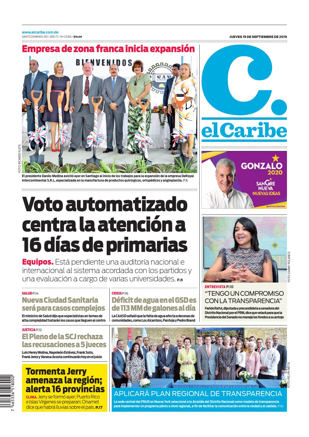 Portada Periódico El Caribe, Jueves 19 de Septiembre, 2019
