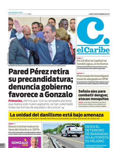 Portada Periódico El Caribe, Lunes 02 de Septiembre, 2019