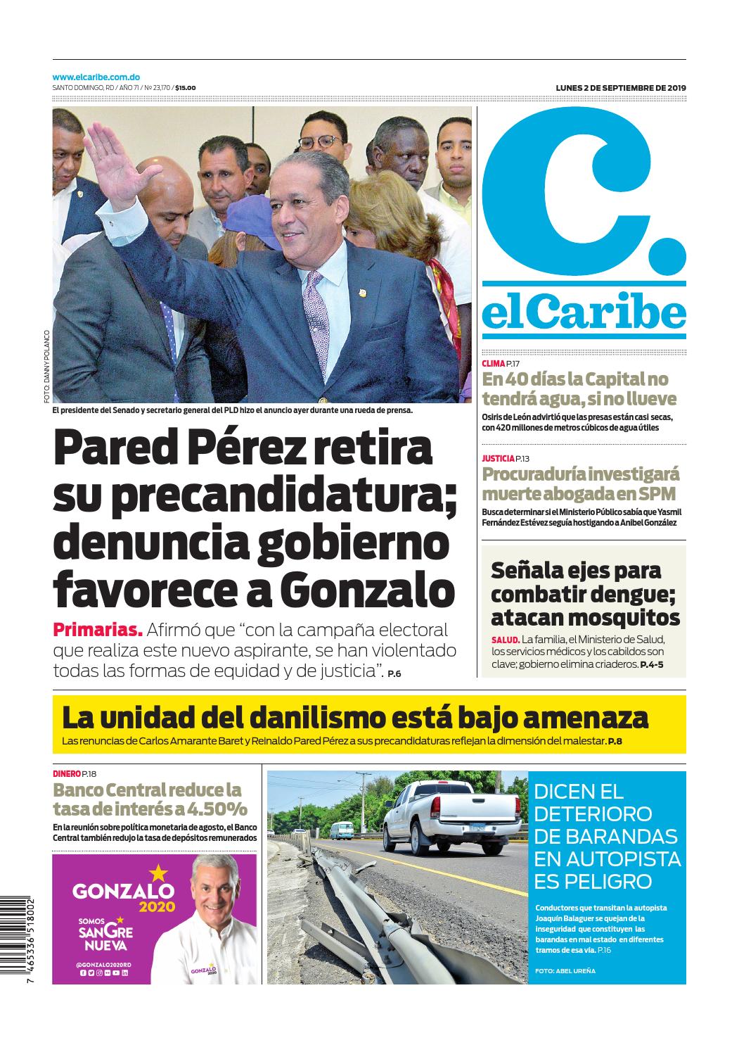 Portada Periódico El Caribe, Lunes 02 de Septiembre, 2019