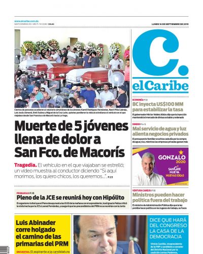 Portada Periódico El Caribe, Lunes 16 de Septiembre, 2019