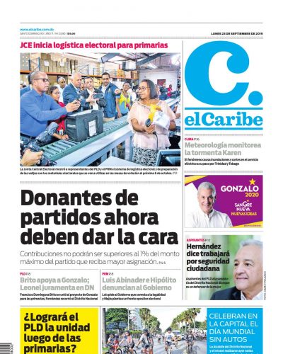 Portada Periódico El Caribe, Lunes 23 de Septiembre, 2019