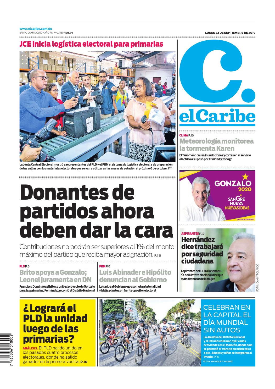 Portada Periódico El Caribe, Lunes 23 de Septiembre, 2019