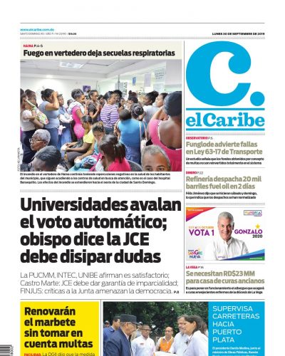 Portada Periódico El Caribe, Lunes 30 de Septiembre, 2019