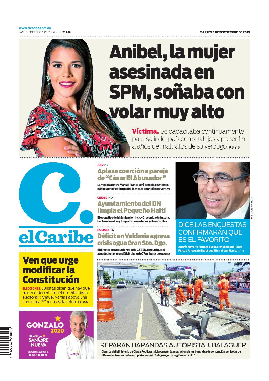 Portada Periódico El Caribe, Martes 03 de Septiembre, 2019