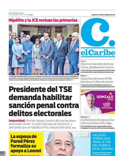 Portada Periódico El Caribe, Martes 17 de Septiembre, 2019