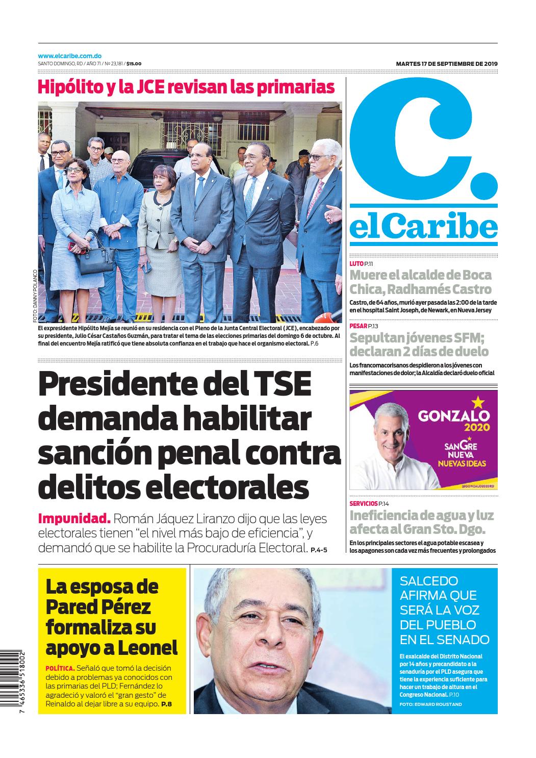 Portada Periódico El Caribe, Martes 17 de Septiembre, 2019