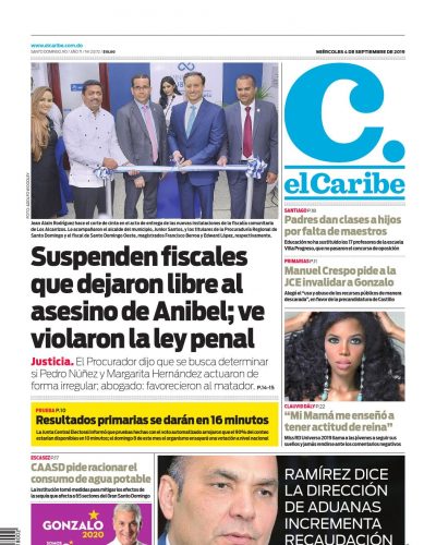 Portada Periódico El Caribe, Miércoles 04 de Septiembre, 2019