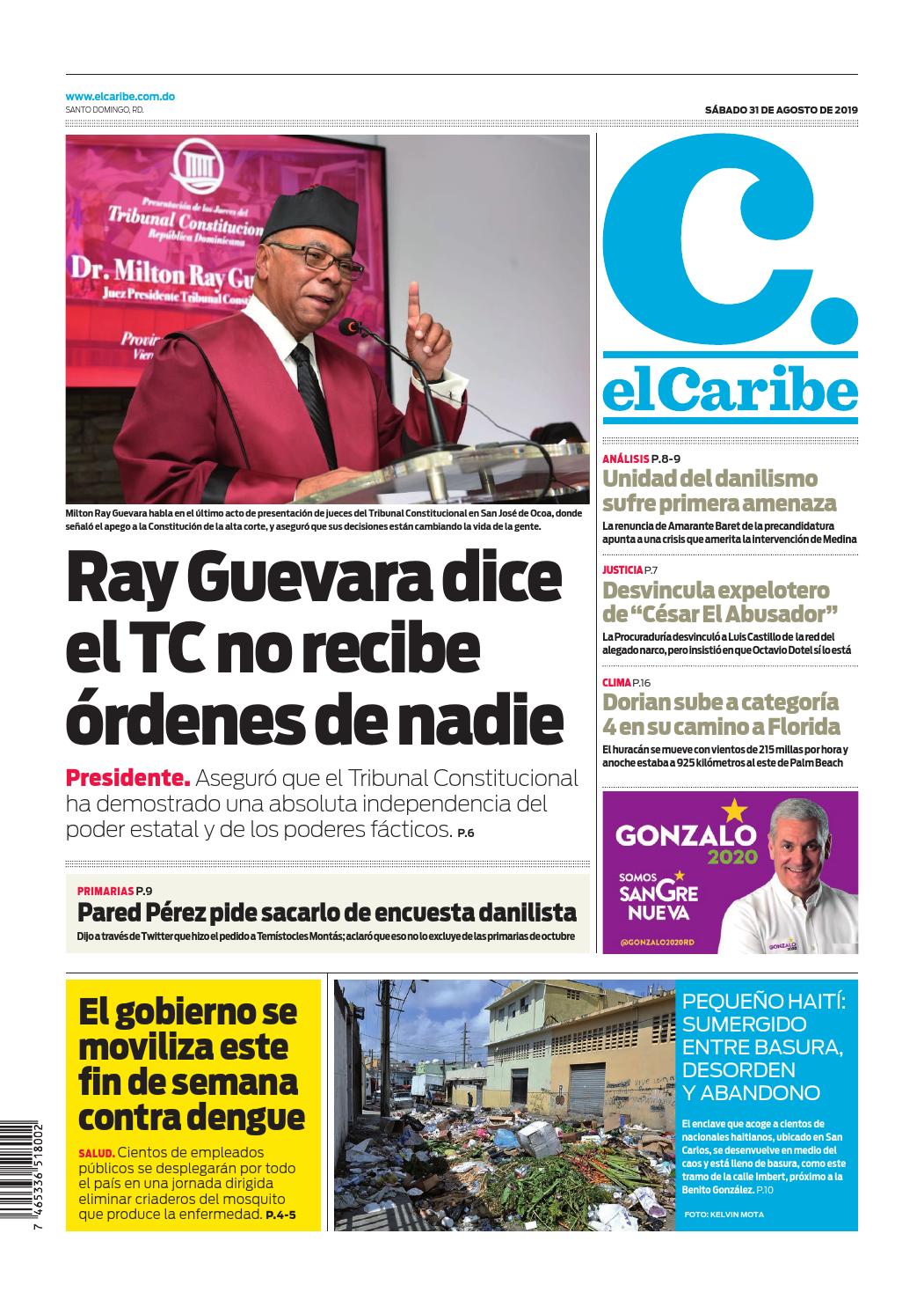 Portada Periódico El Caribe, Sábado 30 de Agosto, 2019