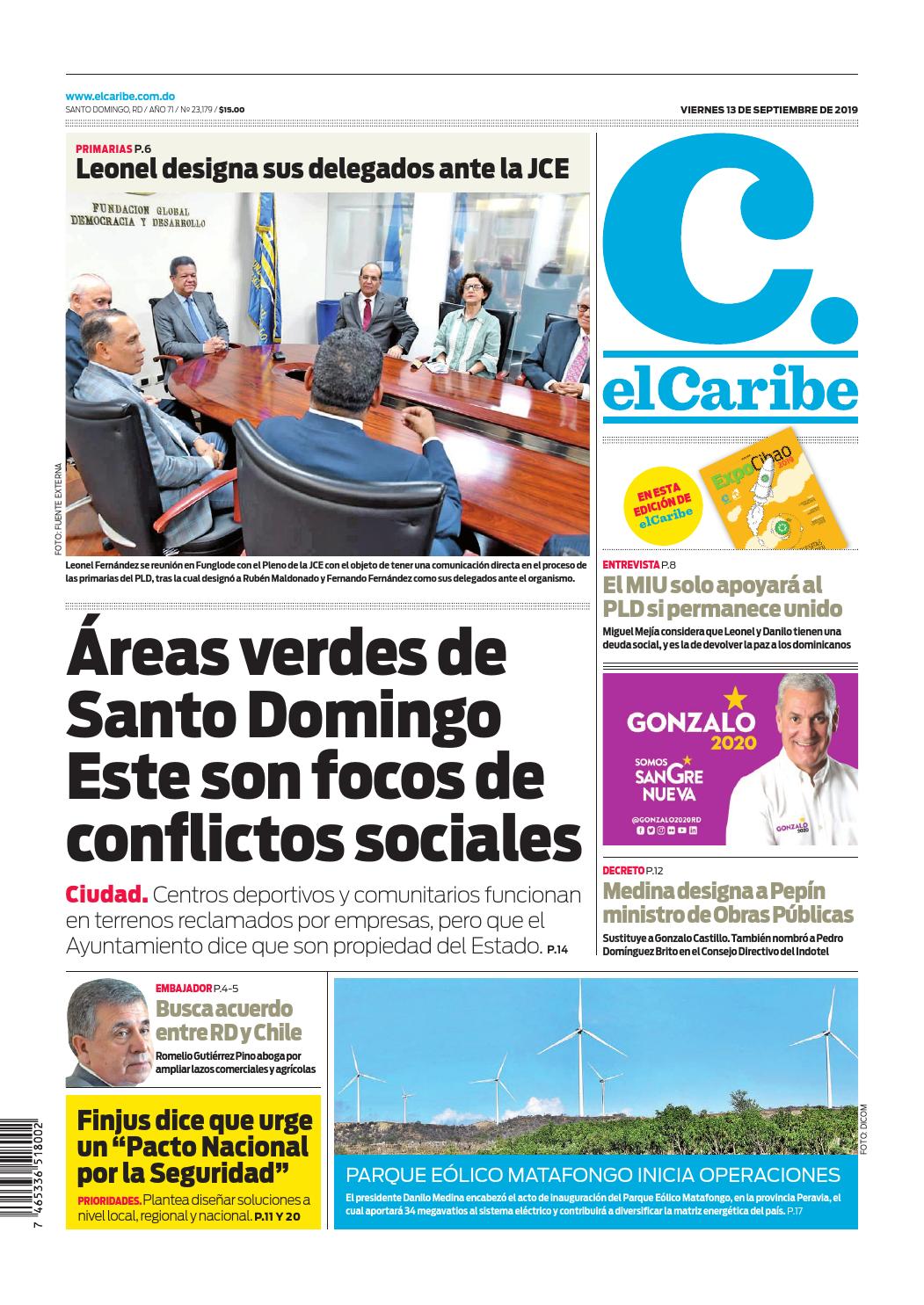 Portada Periódico El Caribe, Viernes 13 de Septiembre, 2019