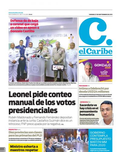 Portada Periódico El Caribe, Viernes 27 de Septiembre, 2019