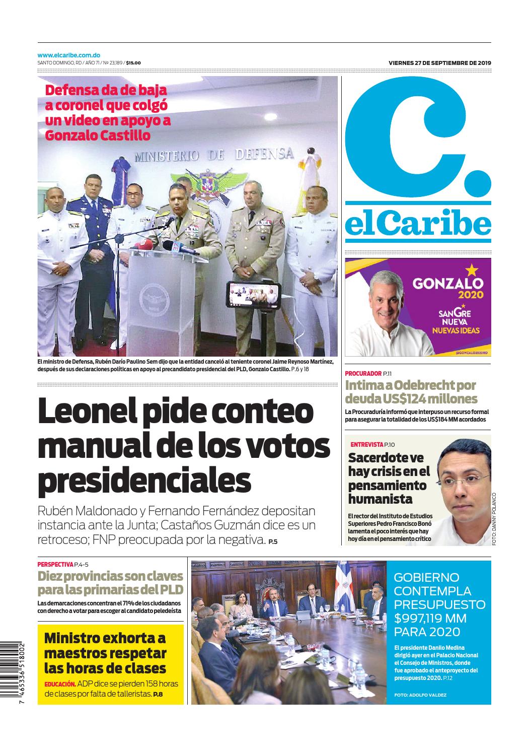 Portada Periódico El Caribe, Viernes 27 de Septiembre, 2019