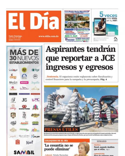 Portada Periódico El Día, Lunes 02 de Septiembre, 2019