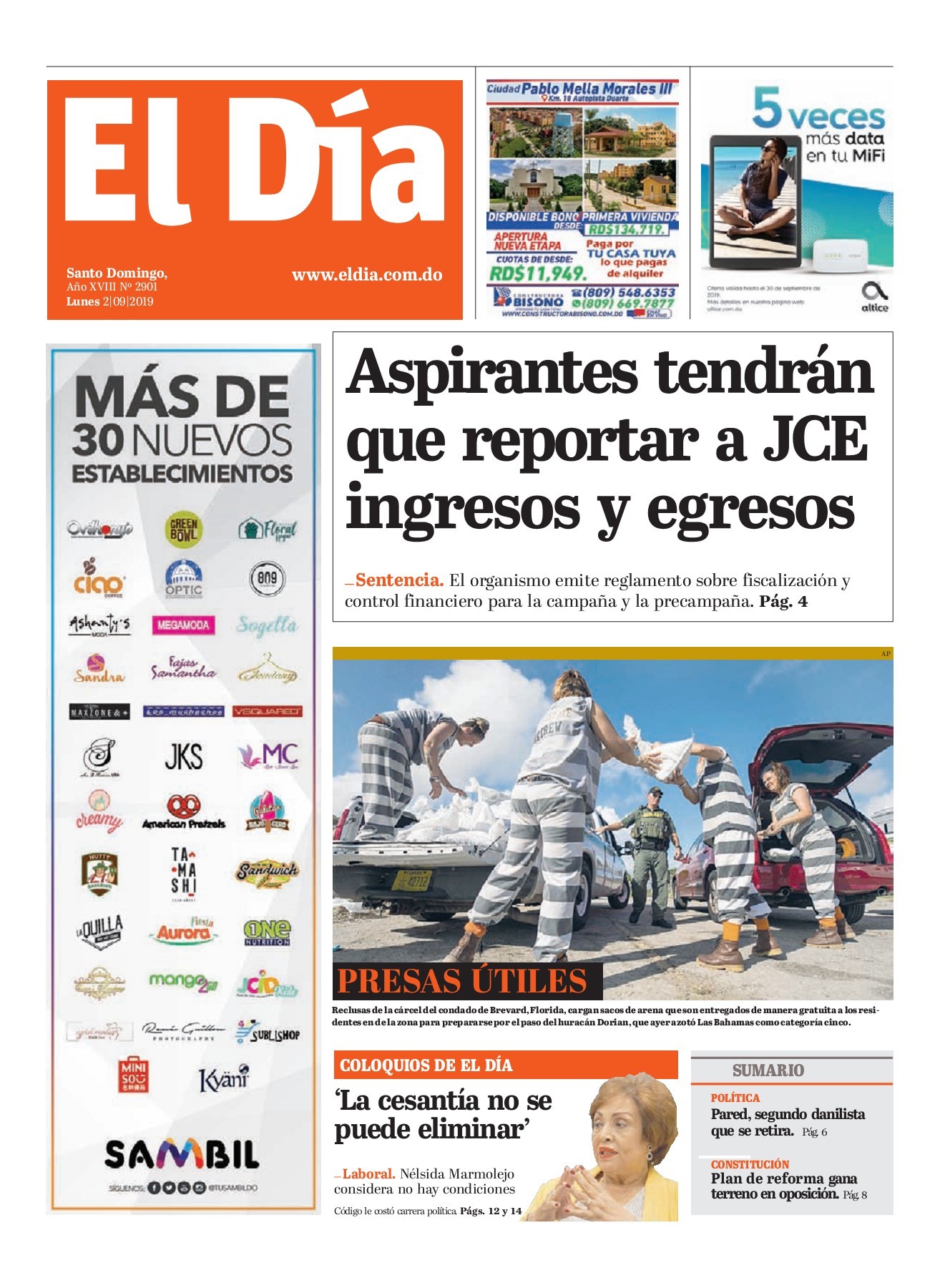 Portada Periódico El Día, Lunes 02 de Septiembre, 2019