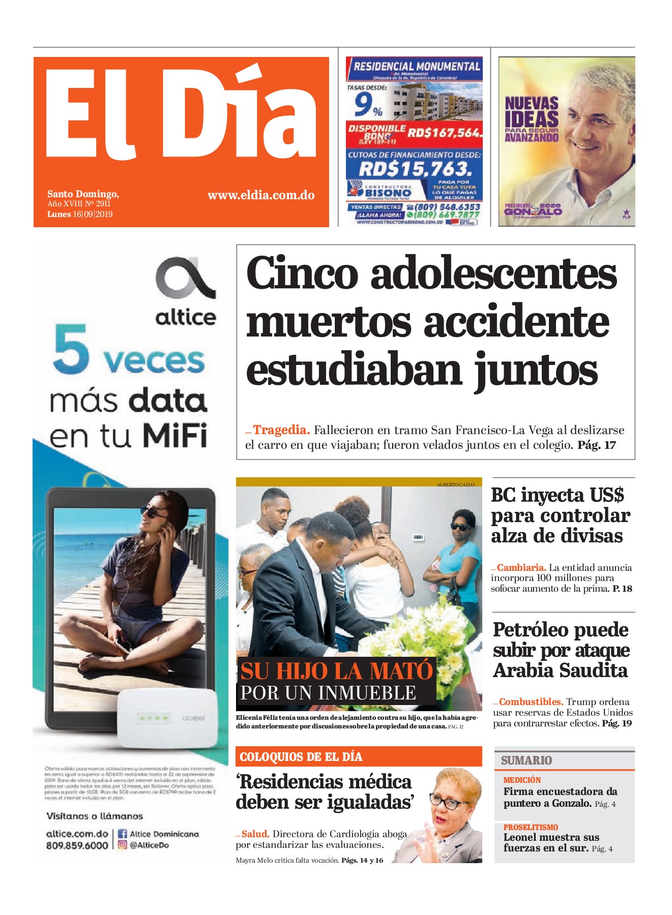 Portada Periódico El Día, Lunes 16 de Septiembre, 2019