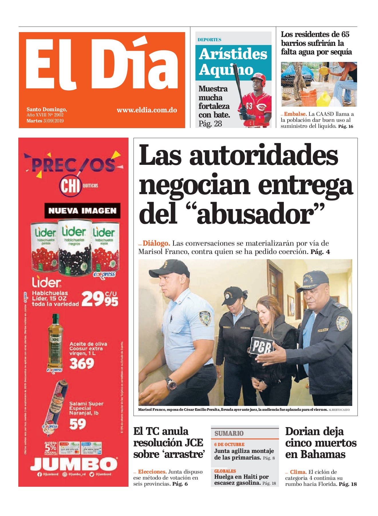 Portada Periódico El Día, Martes 03 de Septiembre, 2019