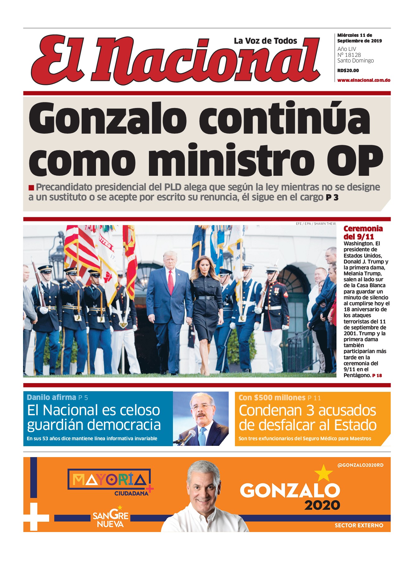 Portada Periódico El Nacional, Jueves 12 de Septiembre, 2019