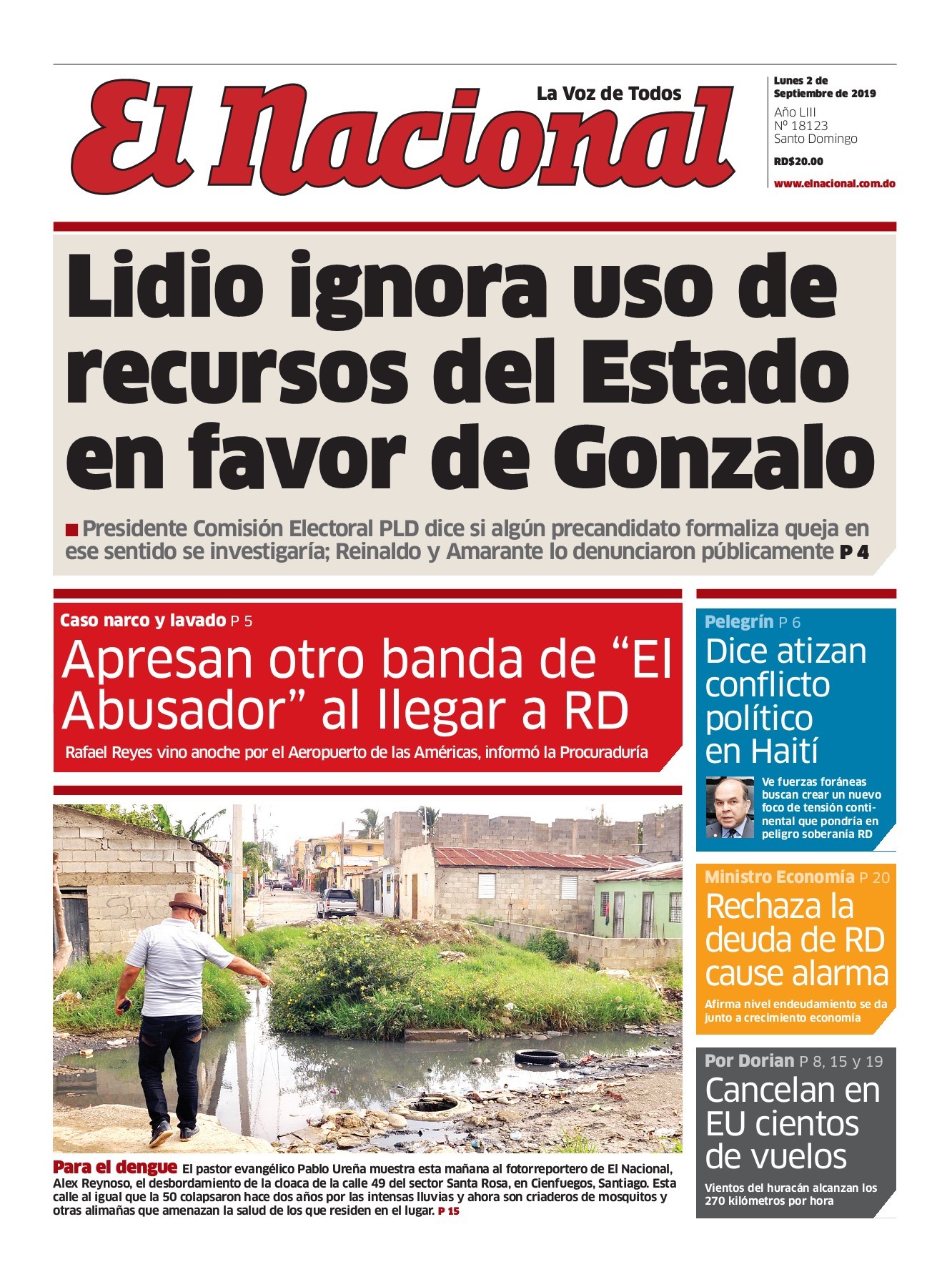 Portada Periódico El Nacional, Lunes 02 de Septiembre, 2019