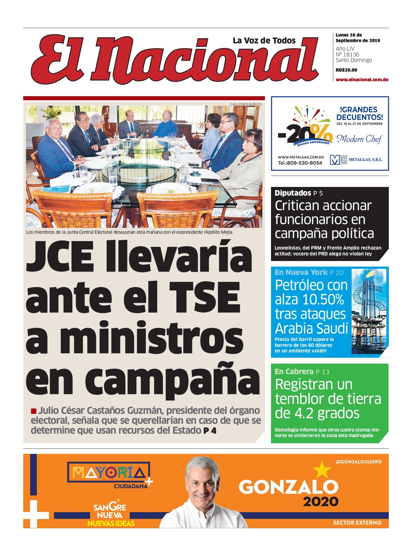 Portada Periódico El Nacional, Lunes 16 de Septiembre, 2019