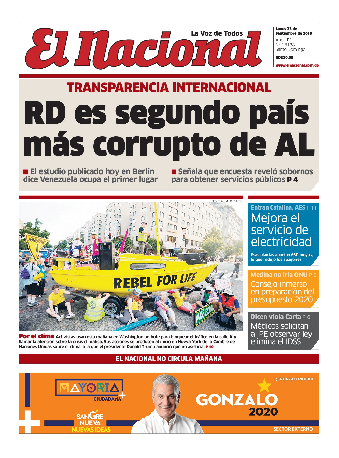 Portada Periódico El Nacional, Lunes 23 de Septiembre, 2019