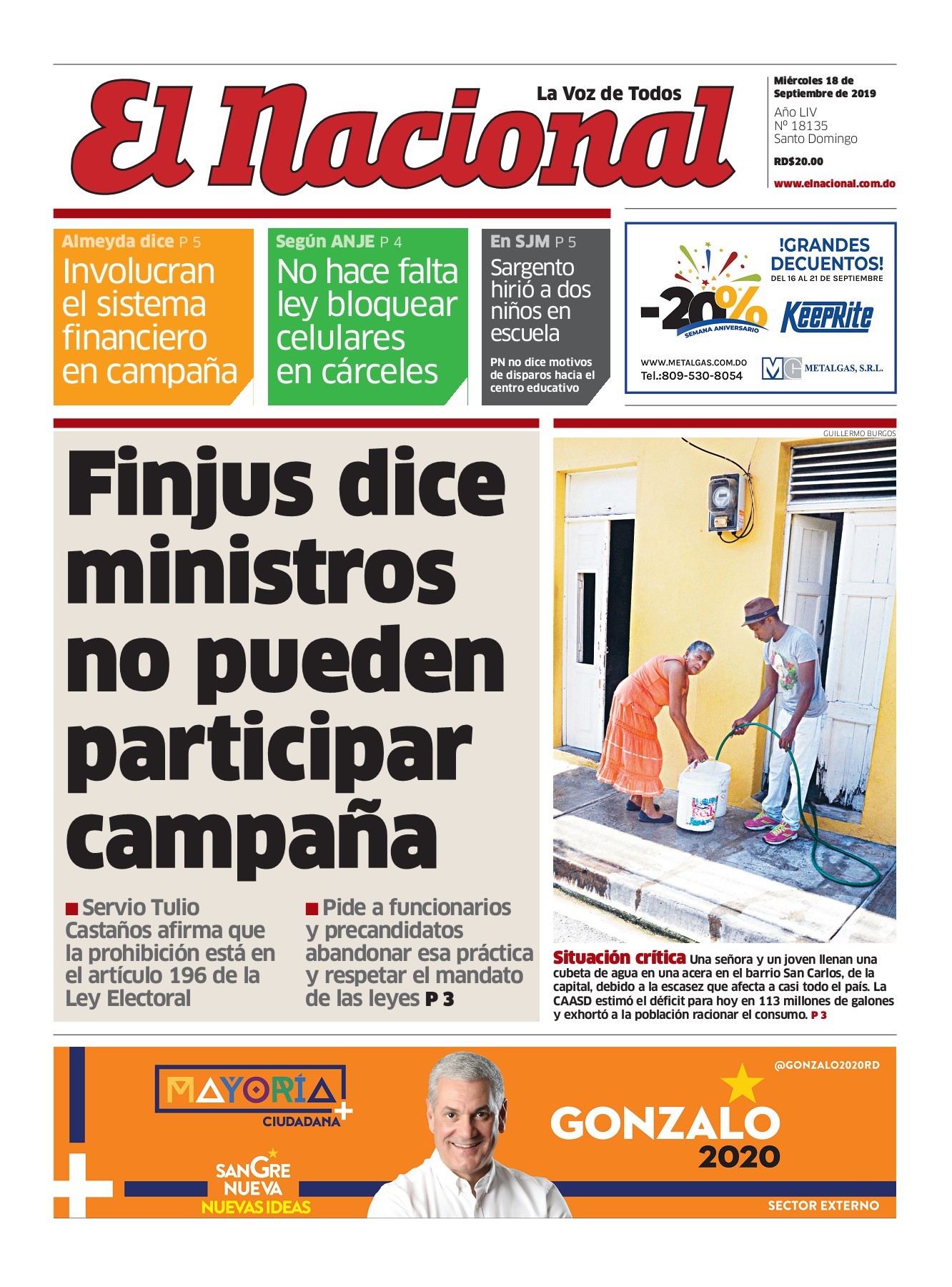 Portada Periódico El Nacional, Miércoles 18 de Septiembre, 2019