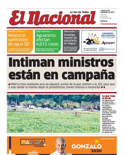 Portada Periódico El Nacional, Viernes 20 de Septiembre, 2019