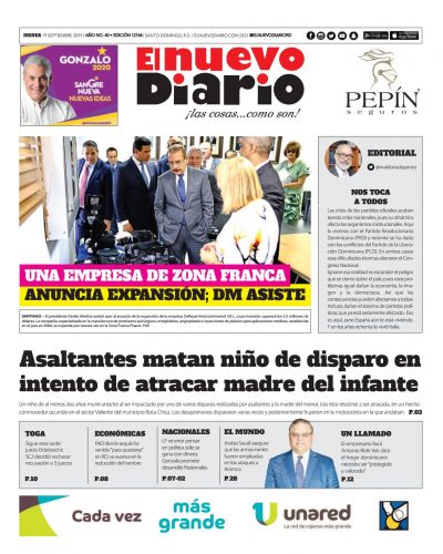 Portada Periódico El Nuevo Diario, Jueves 19 de Septiembre, 2019