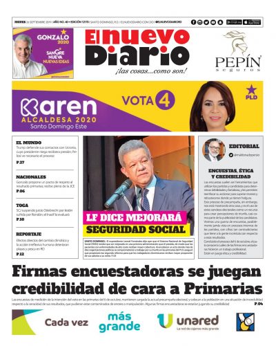 Portada Periódico El Nuevo Diario, Jueves 26 de Septiembre, 2019