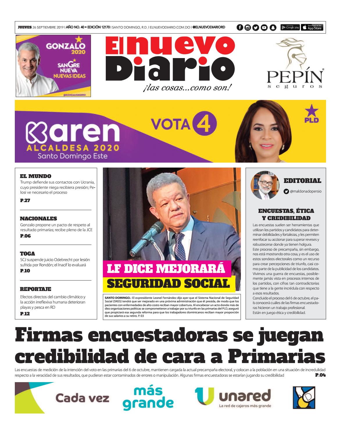 Portada Periódico El Nuevo Diario, Jueves 26 de Septiembre, 2019 Portada Periódico El Nuevo Diario, Jueves 26 de Septiembre, 2019