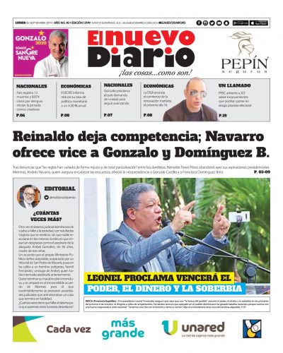 Portada Periódico El Nuevo Diario, Lunes 02 de Septiembre, 2019