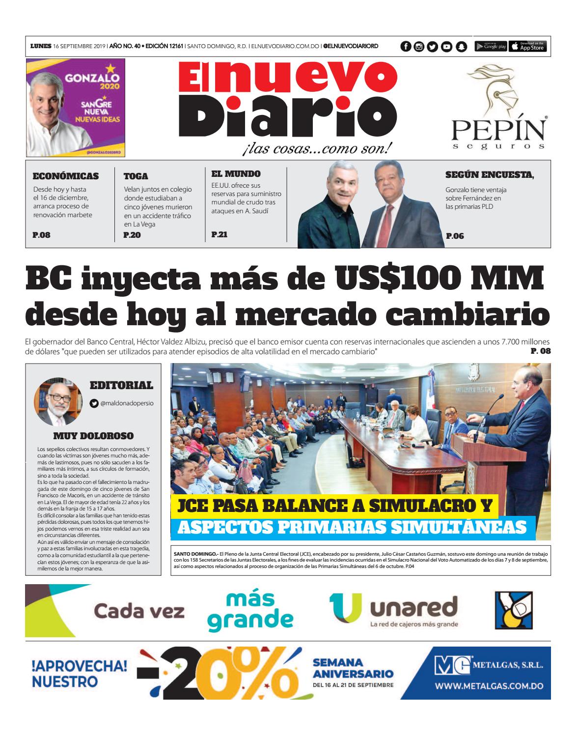 Portada Periódico El Nuevo Diario, Lunes 16 de Septiembre, 2019