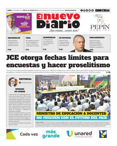 Portada Periódico El Nuevo Diario, Lunes 30 de Septiembre, 2019