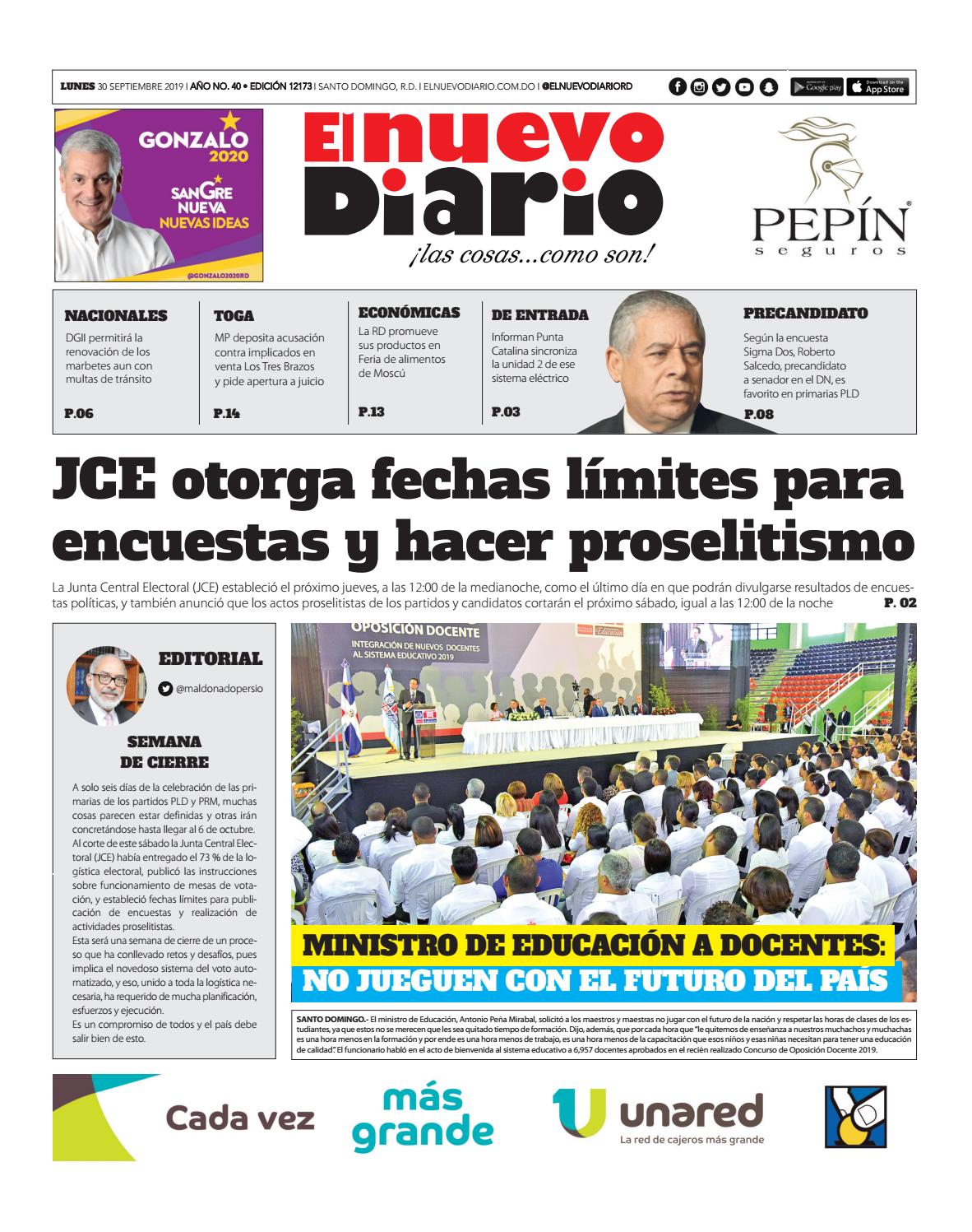 Portada Periódico El Nuevo Diario, Lunes 30 de Septiembre, 2019