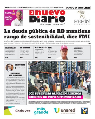 Portada Periódico El Nuevo Diario, Martes 03 de Septiembre, 2019