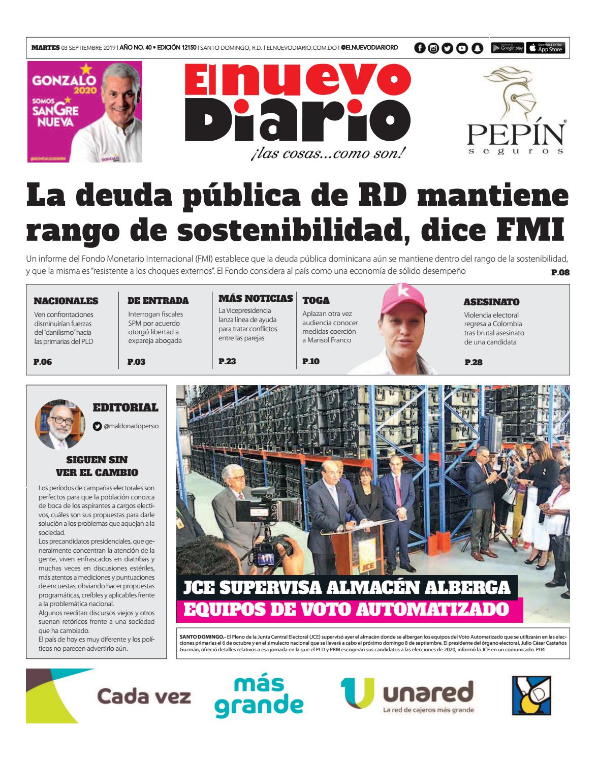 Portada Periódico El Nuevo Diario, Martes 03 de Septiembre, 2019