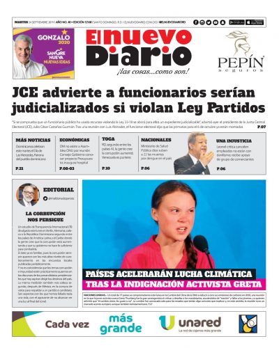 Portada Periódico El Nuevo Diario, Martes 24 de Septiembre, 2019