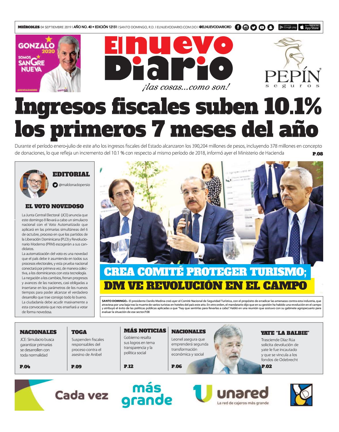 Portada Periódico El Nuevo Diario, Miércoles 04 de Septiembre, 2019